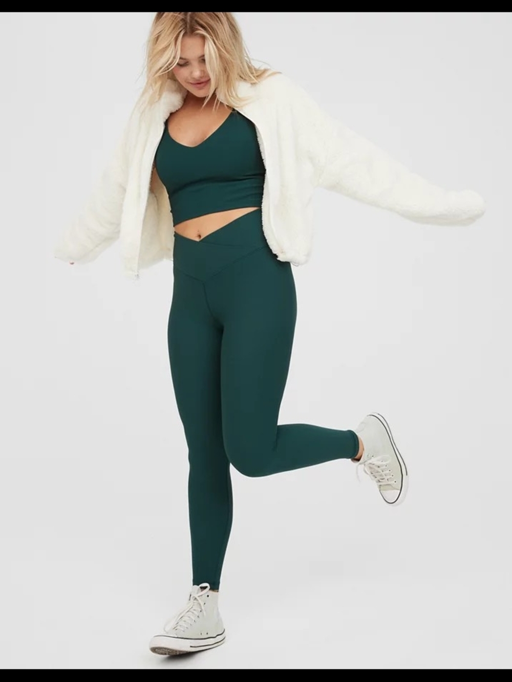 aerie Offline Dark Green Ribbed High-Waist V-Detail Leggings